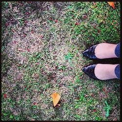 Low section of woman on grassy field