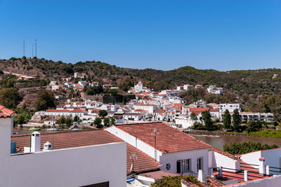 Townscape against clear blue sky