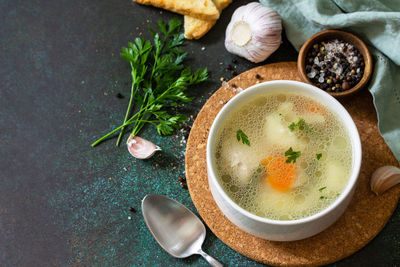 High angle view of soup in bowl on table