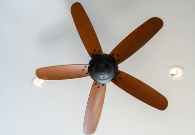 Ceiling fan with wooden blades has been installed overhead