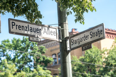 Low angle view of road sign against trees