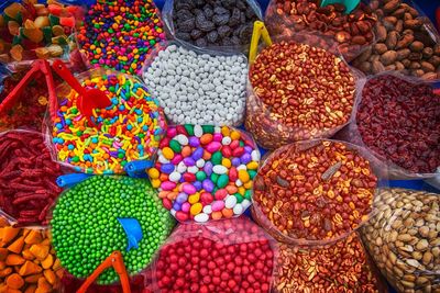 High angle view of various fruits for sale at market stall