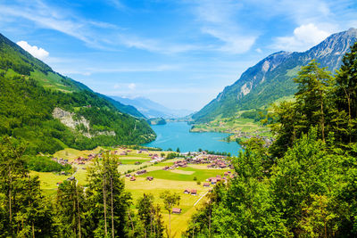 Scenic view of trees and mountains against sky