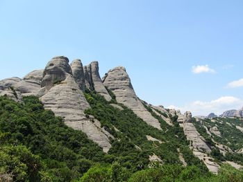 Low angle view of rocky mountain against clear sky