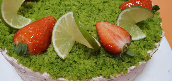 High angle view of strawberries in plate