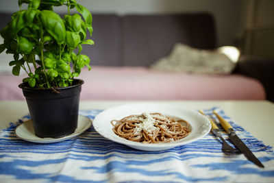 Close-up of breakfast served on table