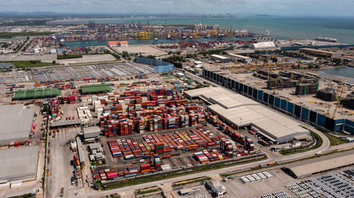 Aerial landscape view industrial area container warehouse and shipping port international