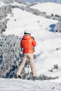 Rear view of person on snowcapped mountain