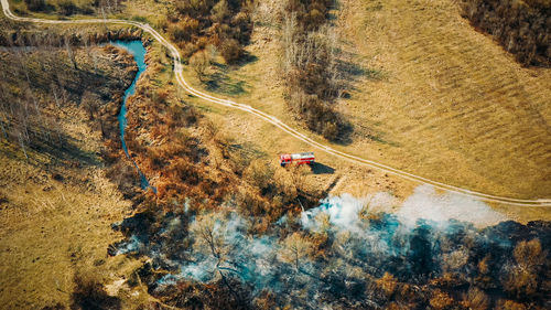 High angle view of people on road