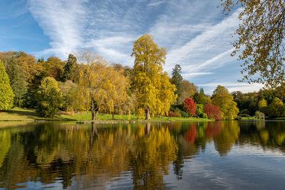 View of the autumn colours around the lake at stourhead gardens in wiltshire.
