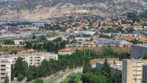 High angle view of townscape and buildings in city