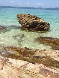 Rock formation on beach against sky