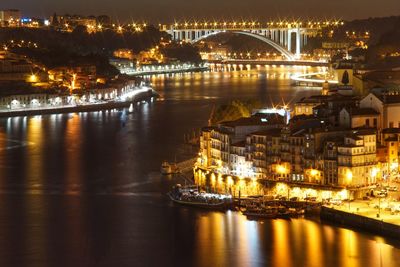 Illuminated bridge over river in city at night