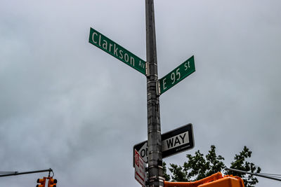 Low angle view of road sign against sky