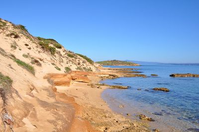 Scenic view of sea against clear blue sky