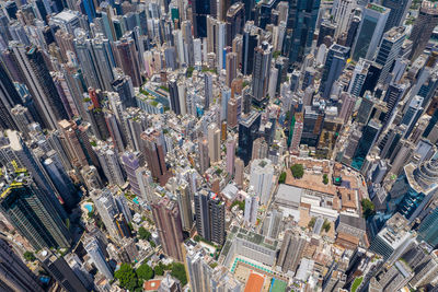 High angle view of modern buildings in city