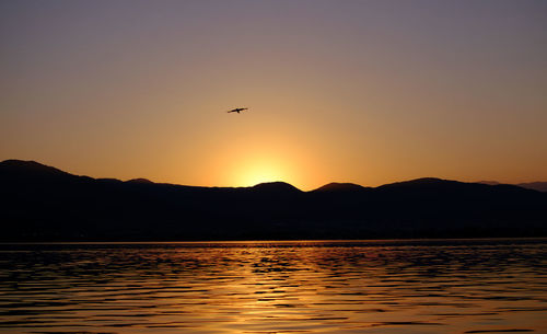 Silhouette birds flying over lake against sky during sunset