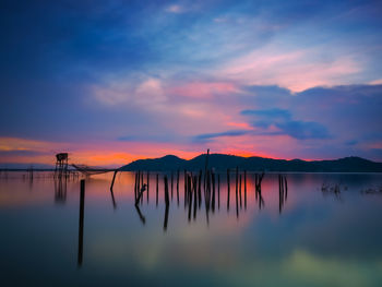 Scenic view of lake against sky during sunset