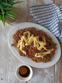 High angle view of meal served on table