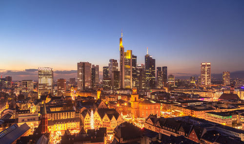 Aerial view of buildings in city against sky during sunset