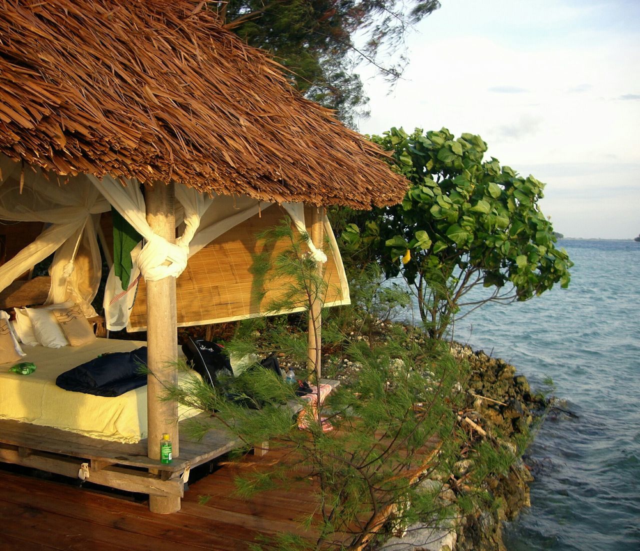 sea, water, sky, nature, beach, tree, tranquility, day, built structure, growth, sunlight, horizon over water, beauty in nature, wood - material, tranquil scene, outdoors, no people, plant, thatched roof, architecture