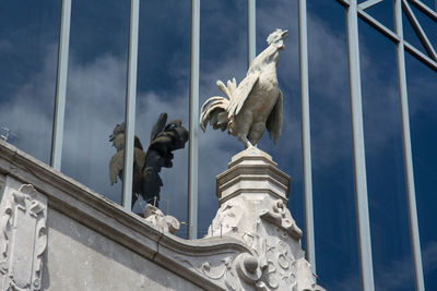 Low angle view of rooster statue on glass building