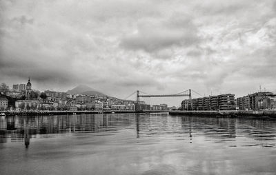 Bridge over river with buildings in background