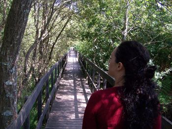 Rear view of woman on footbridge in forest