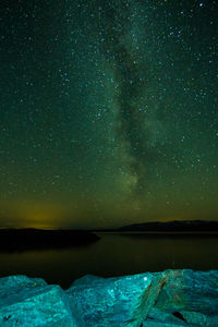 Scenic view of lake against sky at night