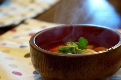 Close-up of fresh soup in bowl on table