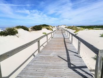 Empty boardwalk at beach on sunny day