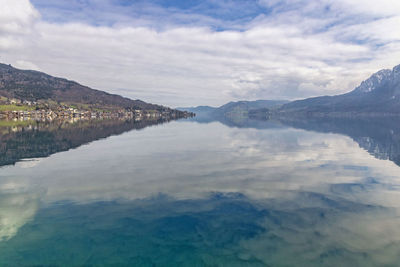 Scenic view of lake by mountains against sky