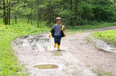 Full length of boy standing on footpath in forest