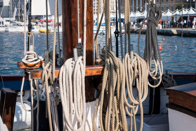 Fishing boats moored at harbor