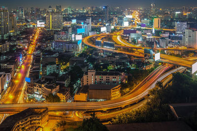 High angle view of illuminated buildings at night