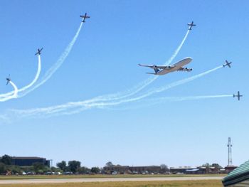 Low angle view of airplane in flight against sky