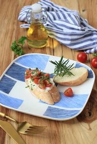 High angle view of food in plate on table