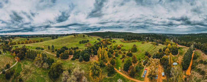 Panoramic shot of trees on field against sky