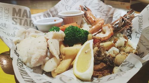 High angle view of food served on table