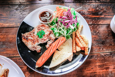 High angle view of food in plate on table