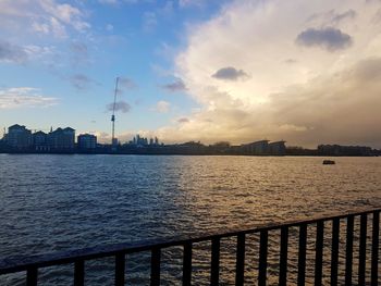 City at waterfront during sunset