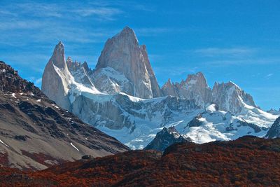 Scenic view of snow covered mountains against sky