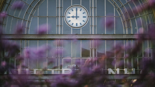 Low angle view of clock on glass window