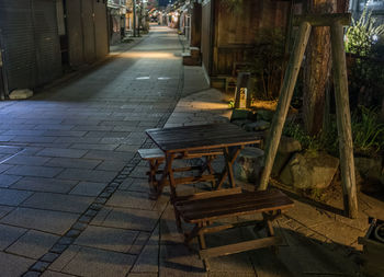 Empty seats on footpath by street in city