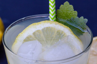 Detail of lemon slice in glass of lemonade with mint and ice - macro