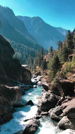 Scenic view of river amidst mountains against sky