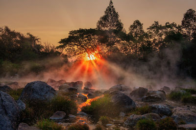 Morning fog over hot spring at chae sorn national park, thailand