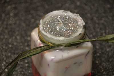 High angle view of ice cream in glass on table