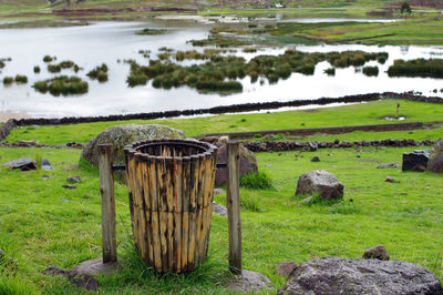 Wooden posts on field by lake