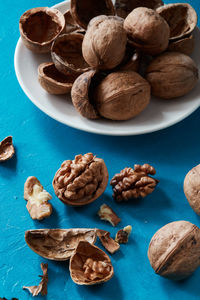 High angle view of walnuts on table